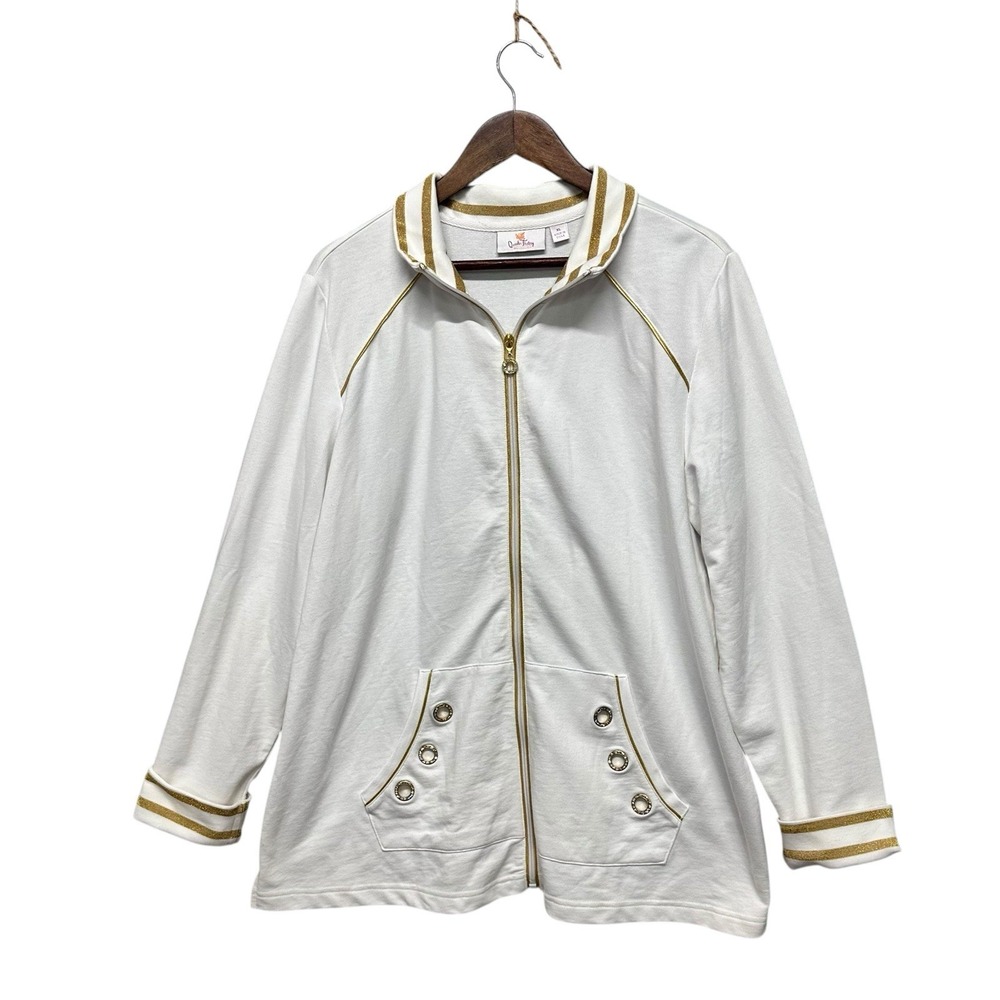 Quacker Factory Womens Size XL White Jacket Full Zip Gold Trim Rhinestones Pocke